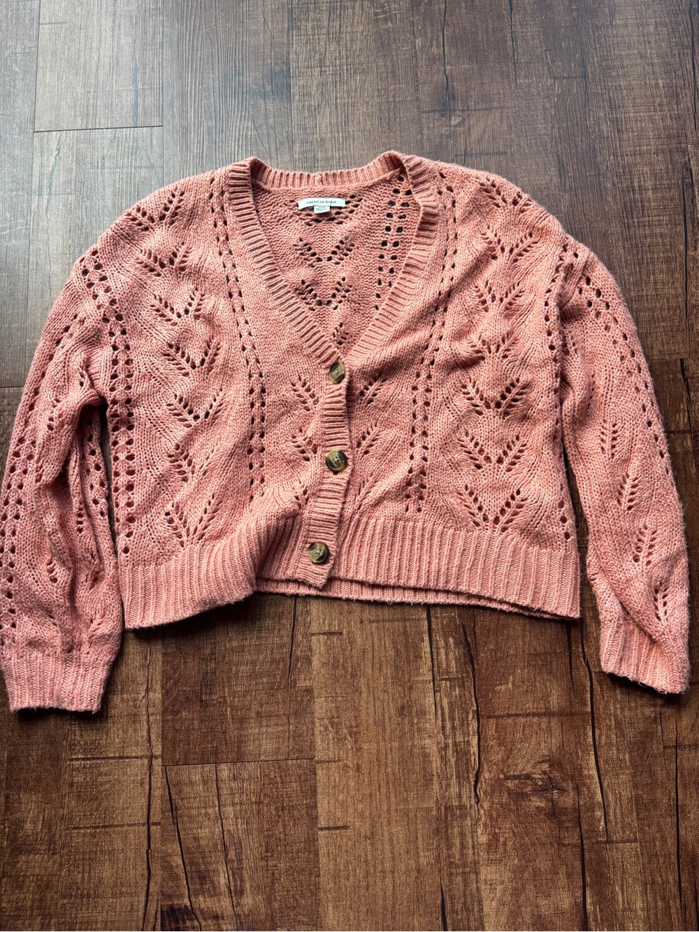 American Eagle Women's Pink Openwork Knit Button-Front Cardigan Sweater
